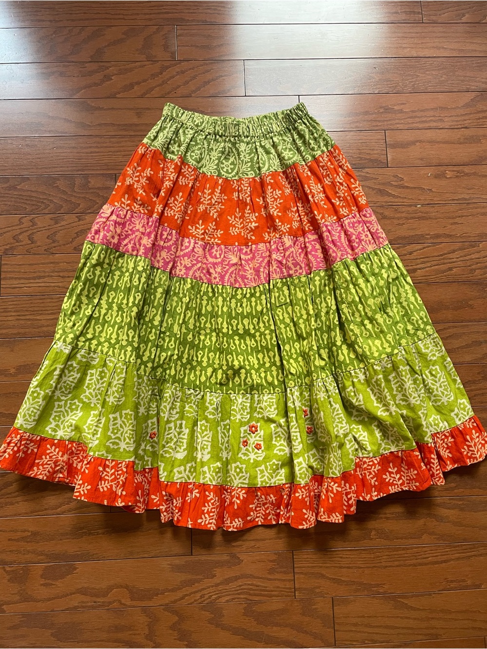 Bohemian Tiered Cotton Maxi Skirt in Lime Green, Orange & Pink